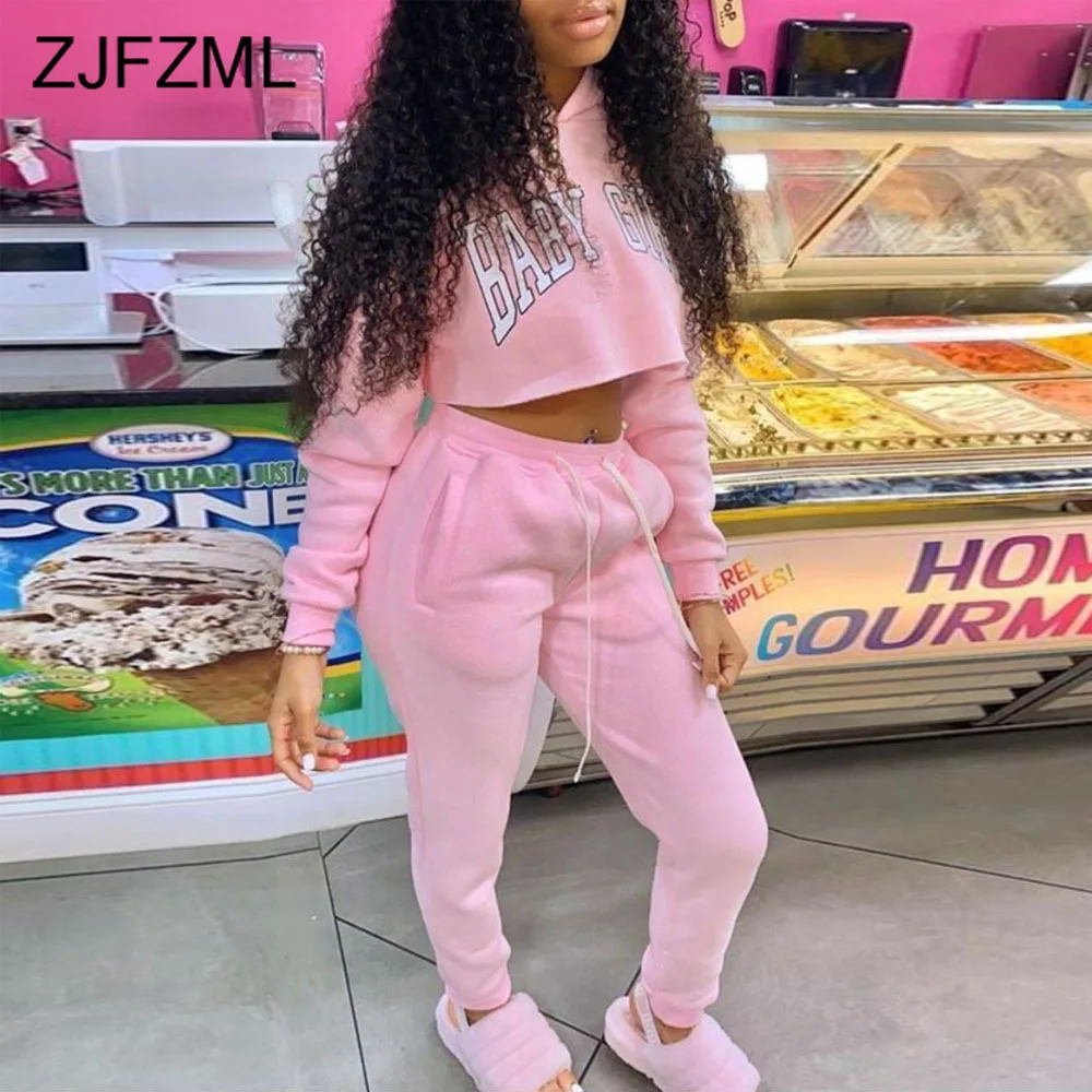 

Activewear Workout Letter Print Long Sleeve Hooded Crop Top and Drawstring Jogger Sweatpant 2021 Matching Sets 2 Piece Outifts