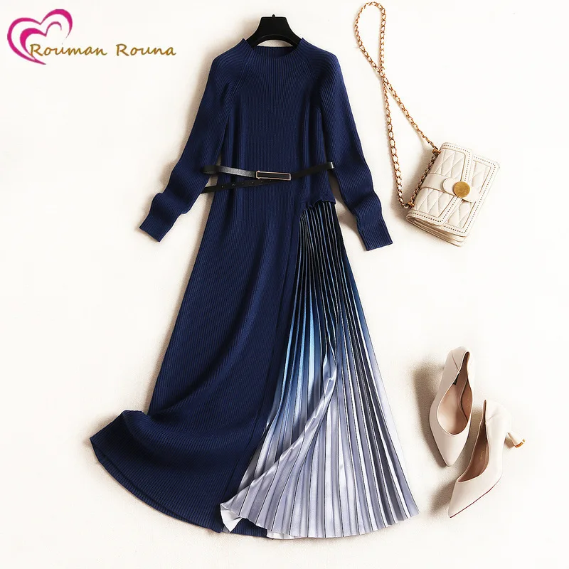 

Temperament knitted dress 2021 autumn fashion stitching pleated skirt gradient A-line skirt