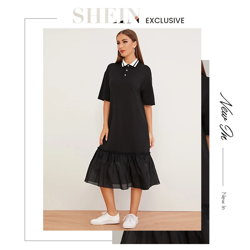SHEIN/Черное Платье-туника с открытыми плечами и рюшами, женская осенняя одежда с заниженной талией и отложным воротником, повседневные Прямые однотонные платья