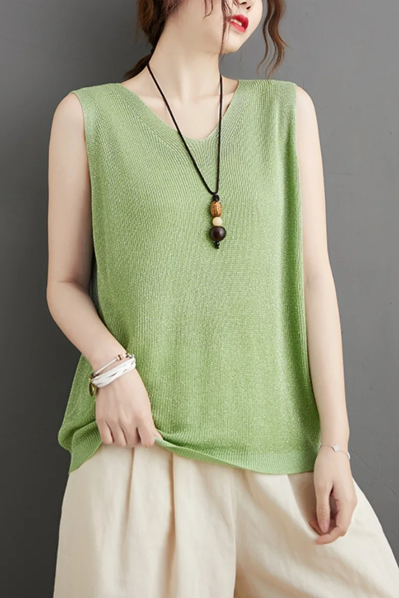 Жилет женский однотонный тонкий трикотажный топ без рукавов с V-образным вырезом
