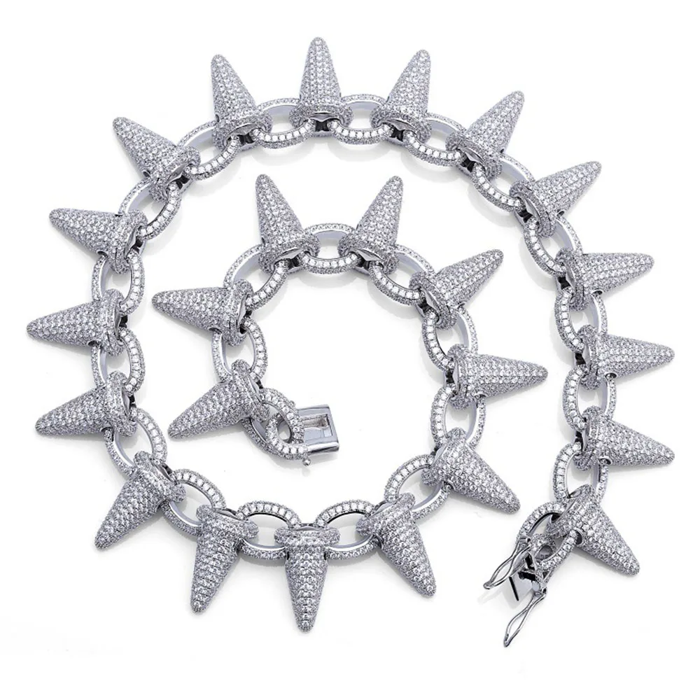 28 мм Роскошная Мода Рок Iced Out заклепочные шипы ожерелье с манжетами цепь Bling Циркон хип хоп золотые серебряные ювелирные изделия подарки для мужчин