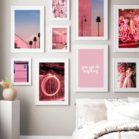 wall art canvas painting pink city flower light beach girl photo nordic posters and prints wall pictures for living room decor