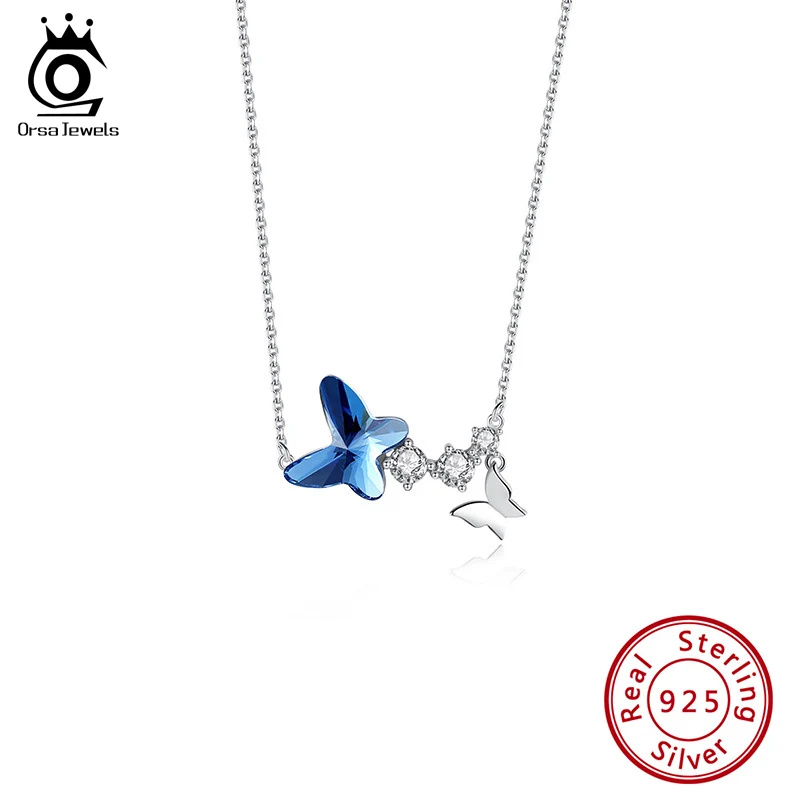

ORSA JEWELS Silver 925 Butterfly Pendants Necklace Exquisite Crystal Stone Neck Chains Party Jewelry for Women 2021 SWN06