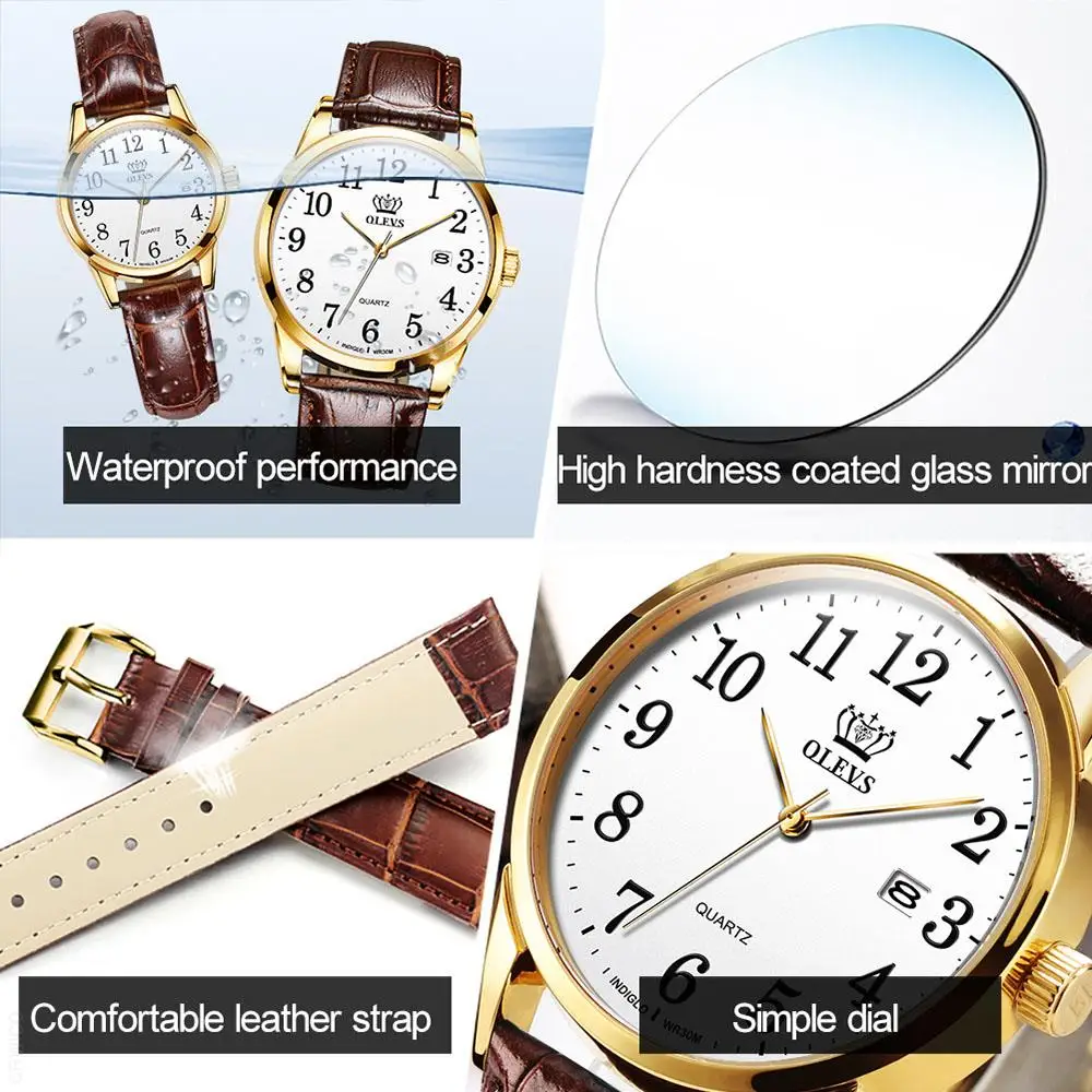 OLEVS Couple Watch Waterproof Fashion Quartz Watches Casual Luxury Dress Genuine Brown Leather  Wristwatch Lover Watch Gifts Set