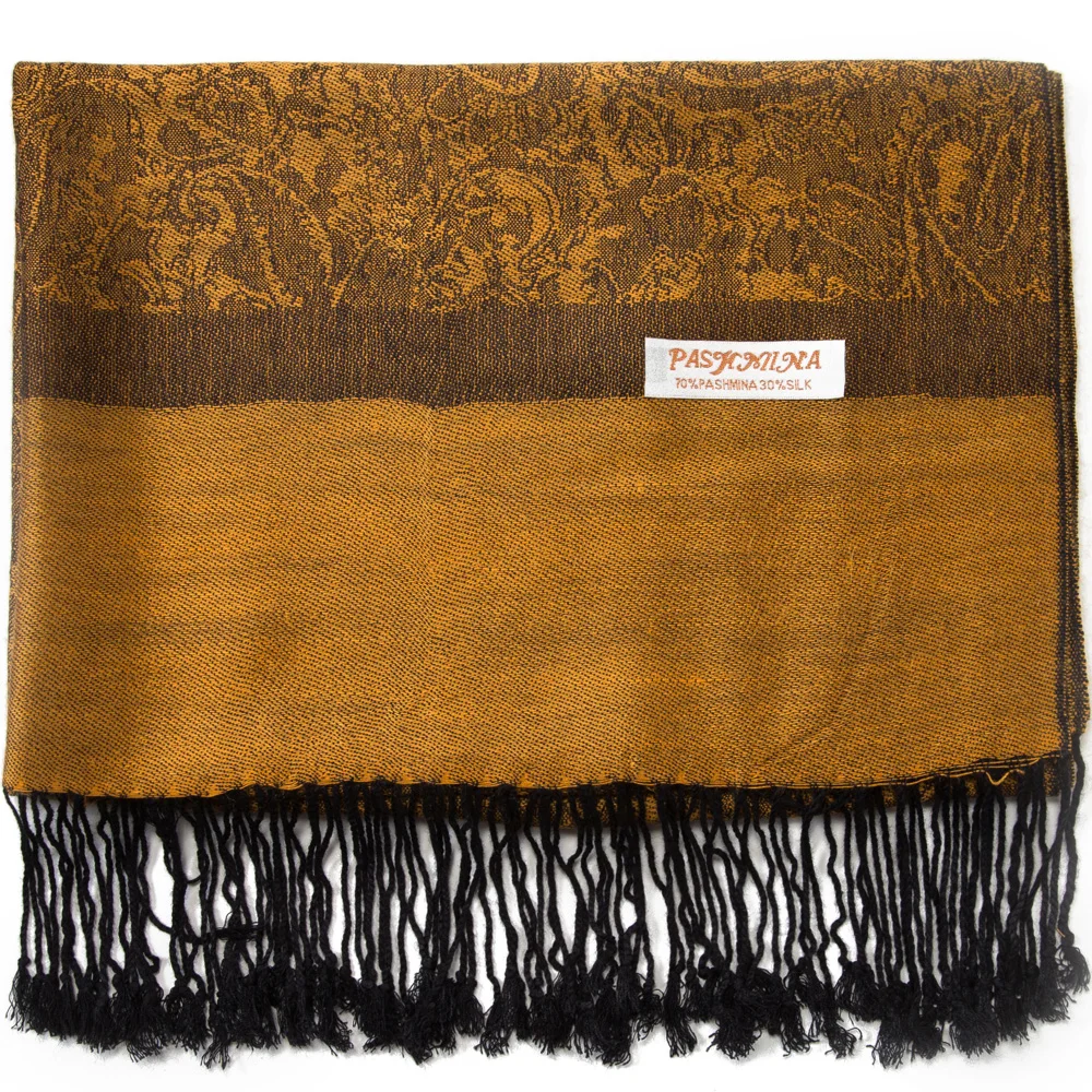 Women Lady Fashion Pashmina Silk Scarf Shawl Stole With Tassel Fringes Paisley Border Pattern Clean Finish Luxury Good Gift |