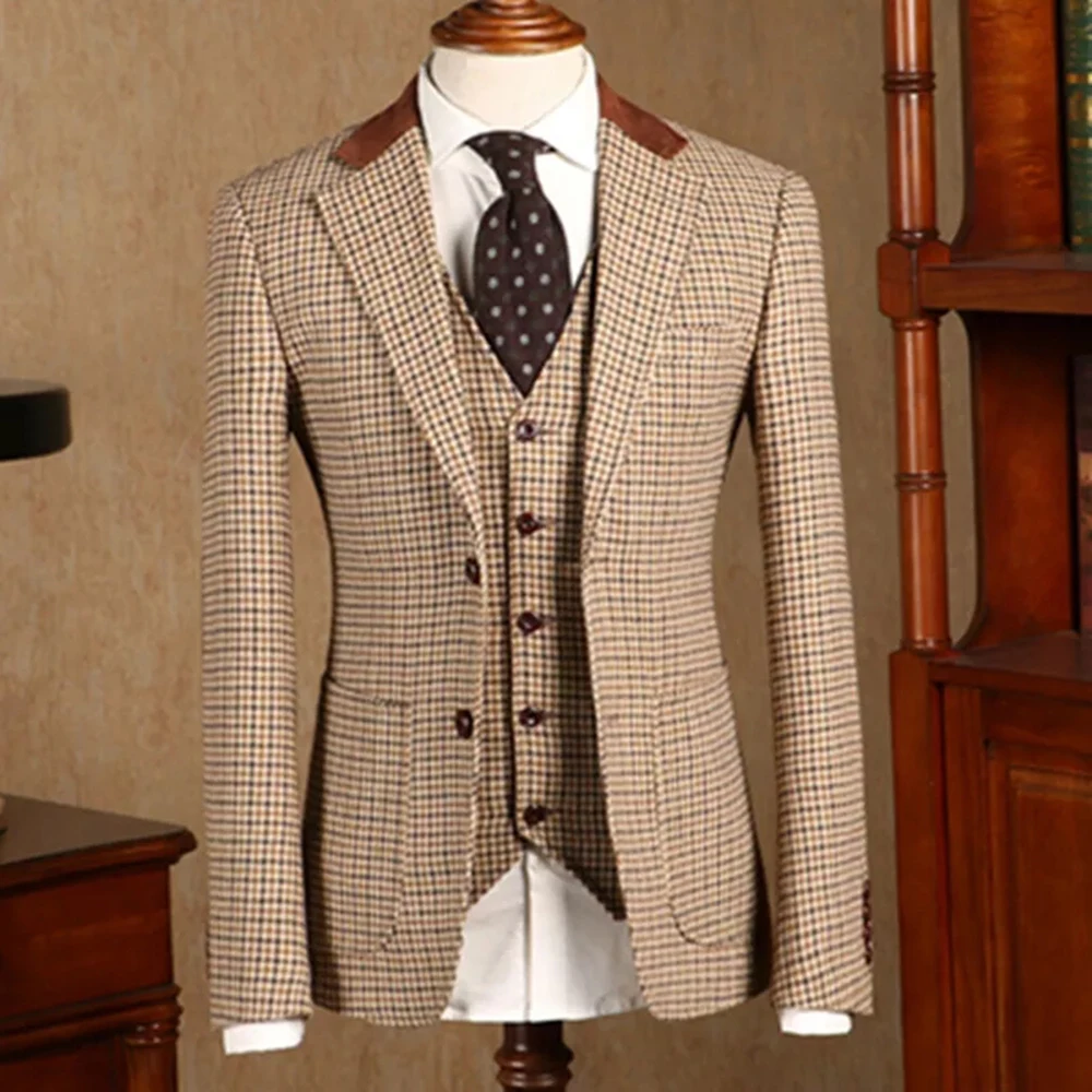 

Handsomen Business Men Suits Slim Fit Plaid Check Jacket+Vest+Pants Groom Wear Formal Tailor-Made Terno Blazer Masculino Tuxedo