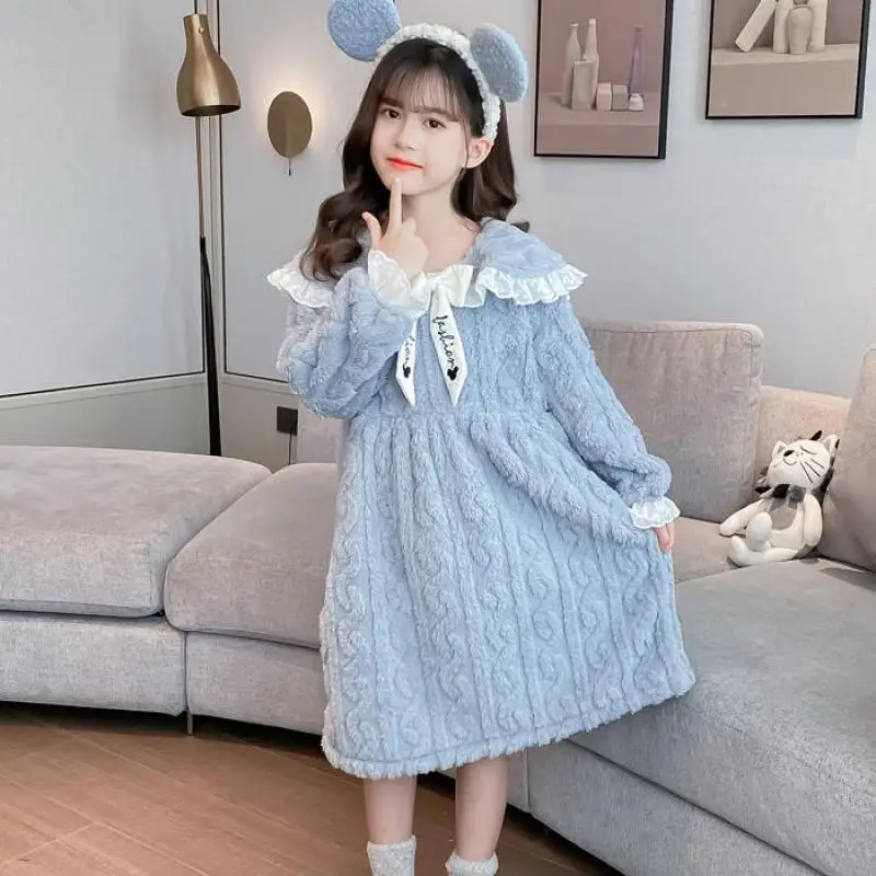 

Winter Flannel Nightdress For Girl Thickened Warm Nightgowns Mid-calf Length Sleeping Dresses Children Kids Leisure Home Clothes