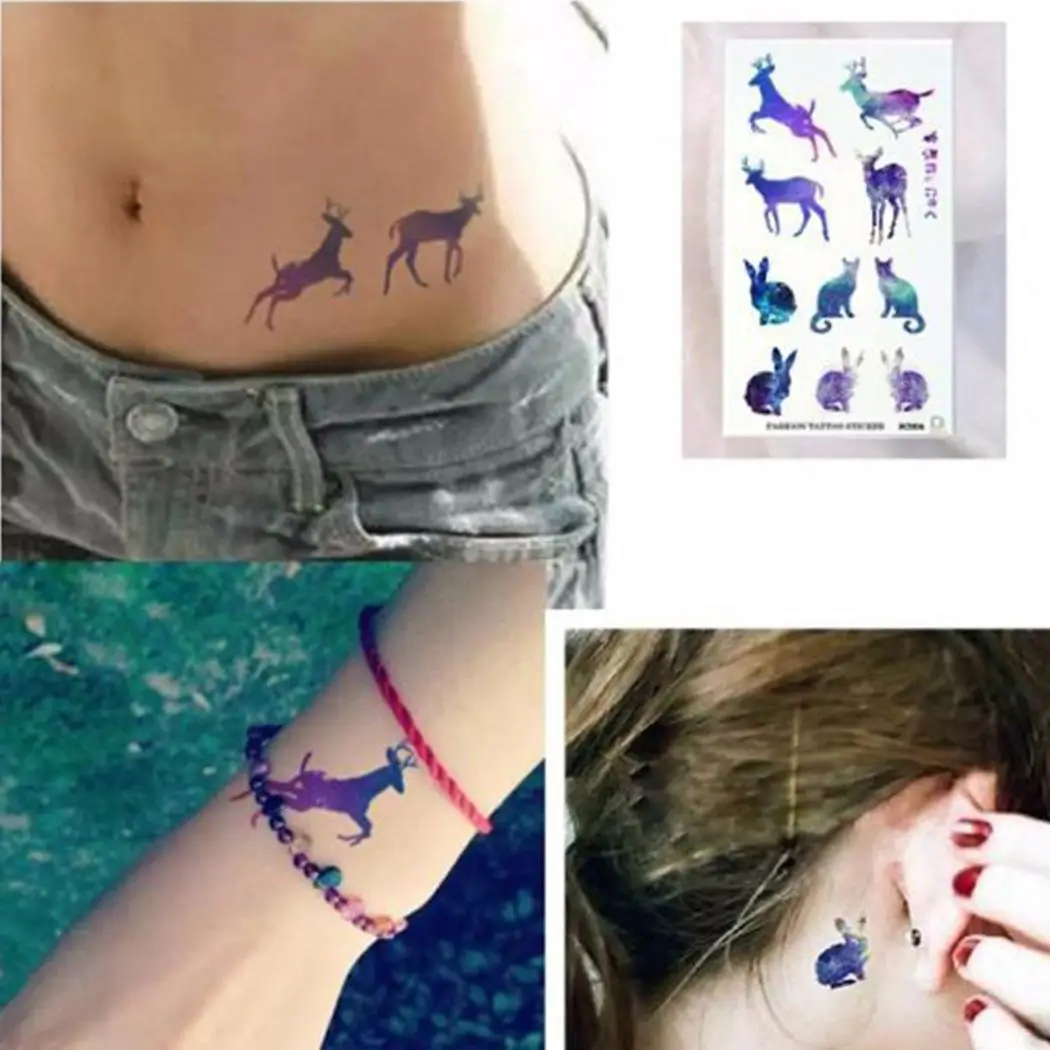Водонепроницаемые тату наклейки красочные олень кролик лист животное Тело