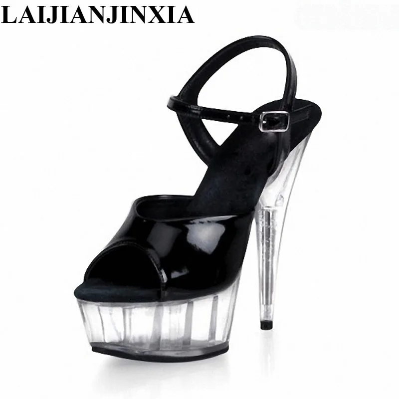

Новый стиль; Красивые прозрачные черные каблуки на платформе; Пикантные модельные сандалии 15 см; Обувь для танцев на шесте