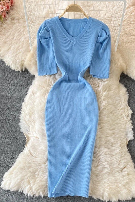 

2021 Summer New Ladies Temperament High Waist Puff Sleeve Mid-length Slim V-neck Bag Hip Dress Short Sleeves