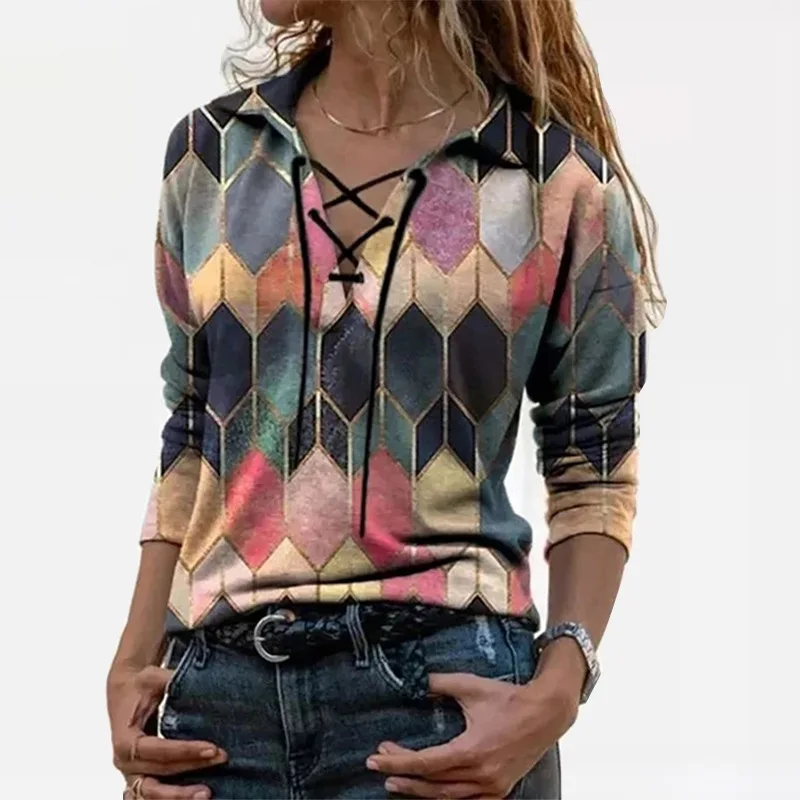 

European And American Cross-border Women's Hot Style Urban Casual Top Loose Printing Long-sleeved Tie V-neck T-shirt V-Neck