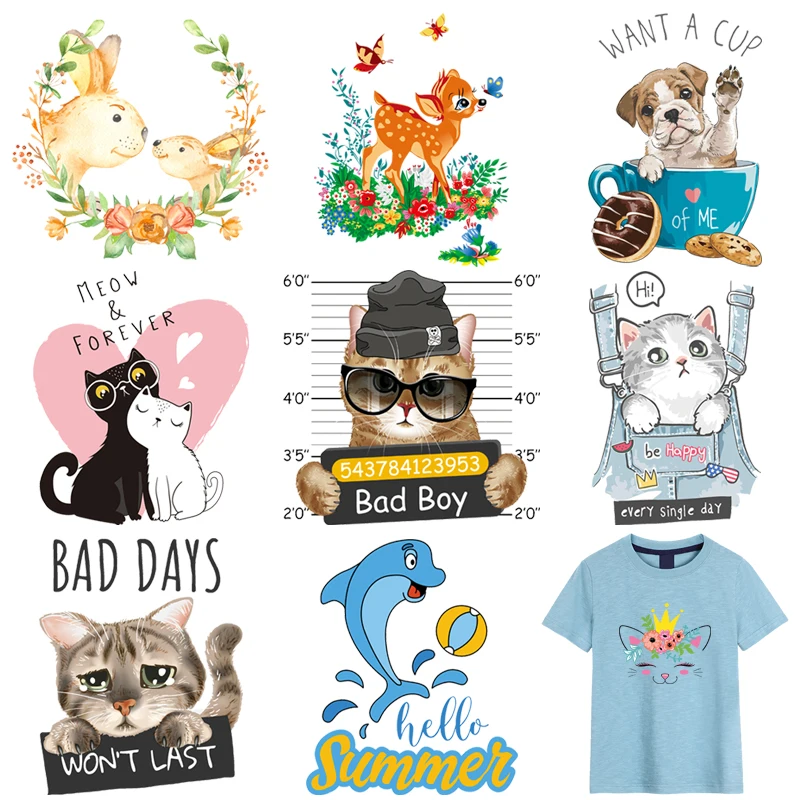 

Cute Animal Stickers Child T-Shirt Hat Patches Hot Tear New Design Dresses Thermal Transfer Diy Iron On Patch Cat Dog Unicorn