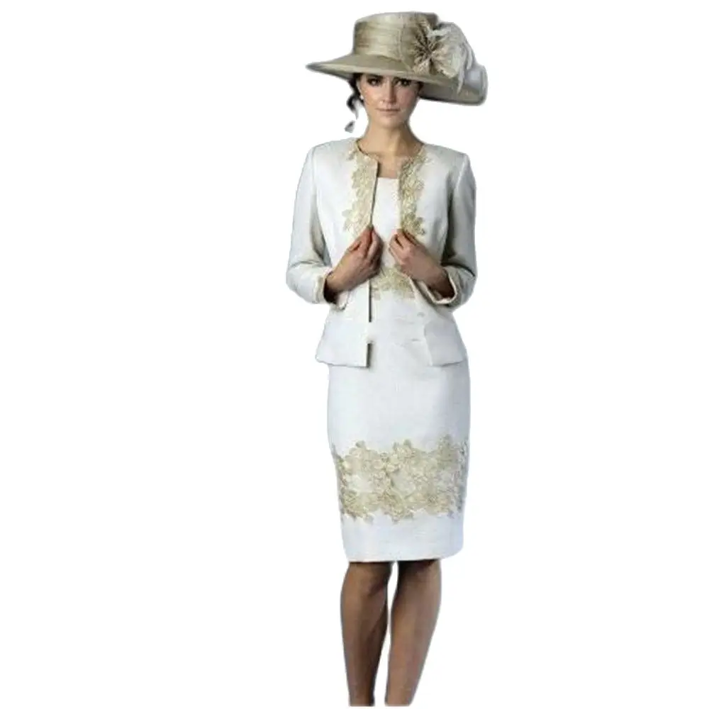 

2 Kinds ivory satin with gold lace knee-length mother of the bride dresses and jacket/bolero DE09079