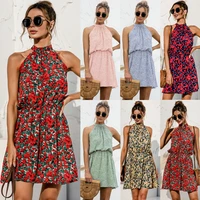 summer sexy halter lace up floral print mini dress 2021 vintage sleeveless dress beach casual party short dress for women