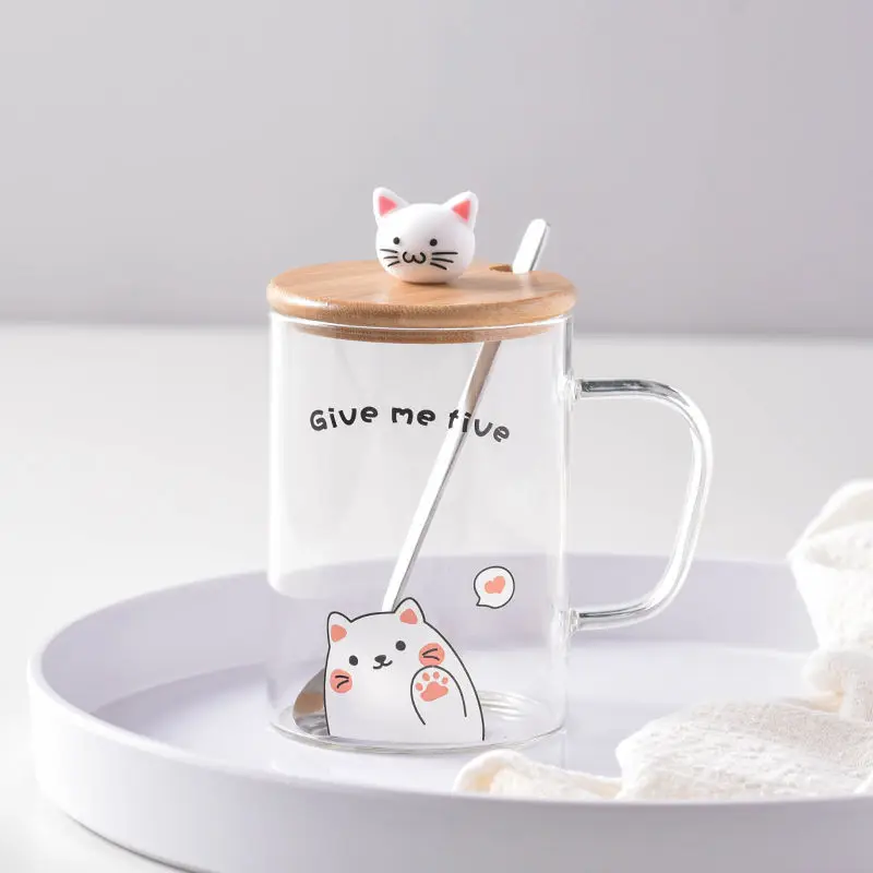 Ins Style450ml милый кот термостойкие Стекло кружки кружка для пива с ручкой ложкой и