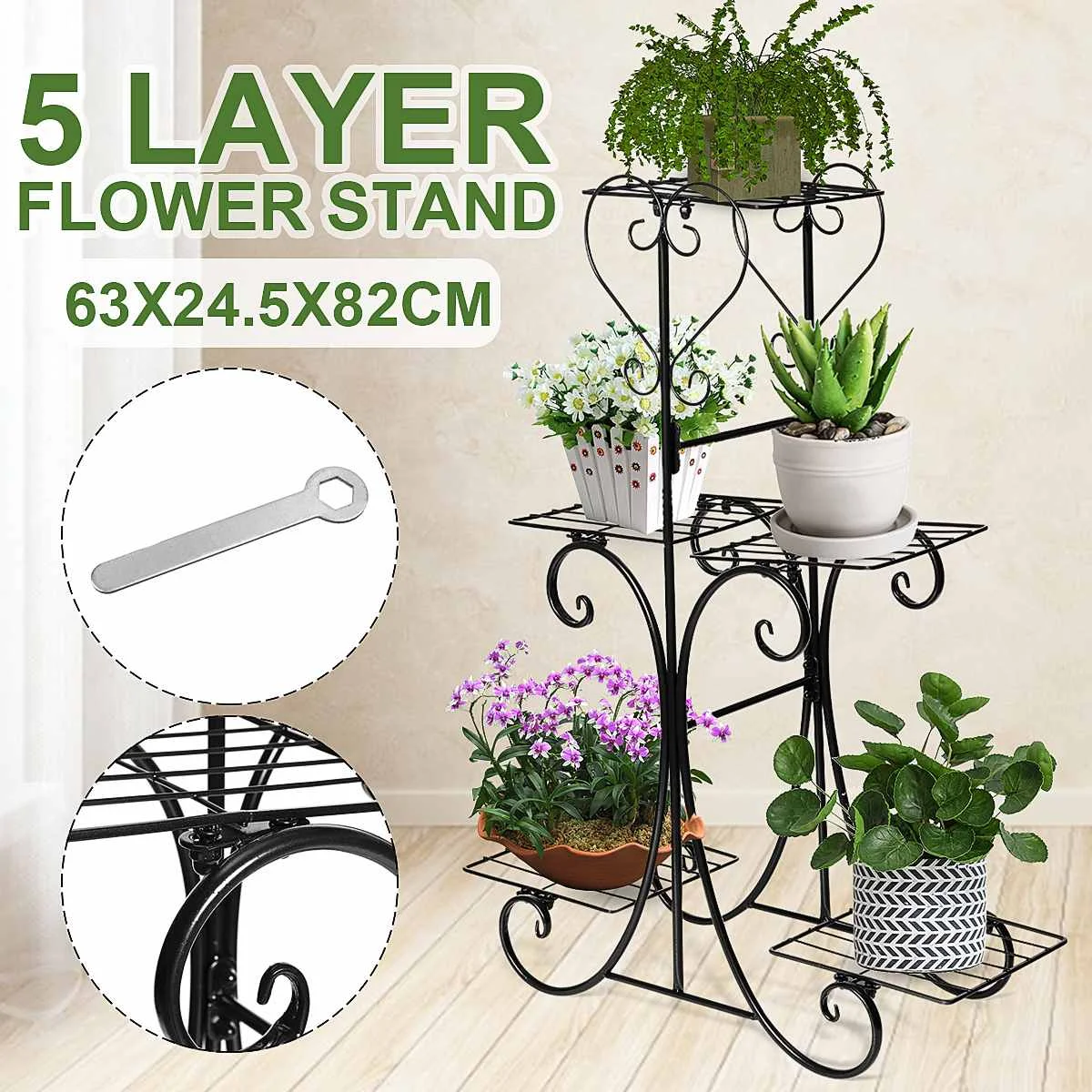 

5 Tiers European Wrought Iron Flower Stand Shelves Indoor Flower Stand Rack Display Floor-standing Balcony Flower Pot Shelves