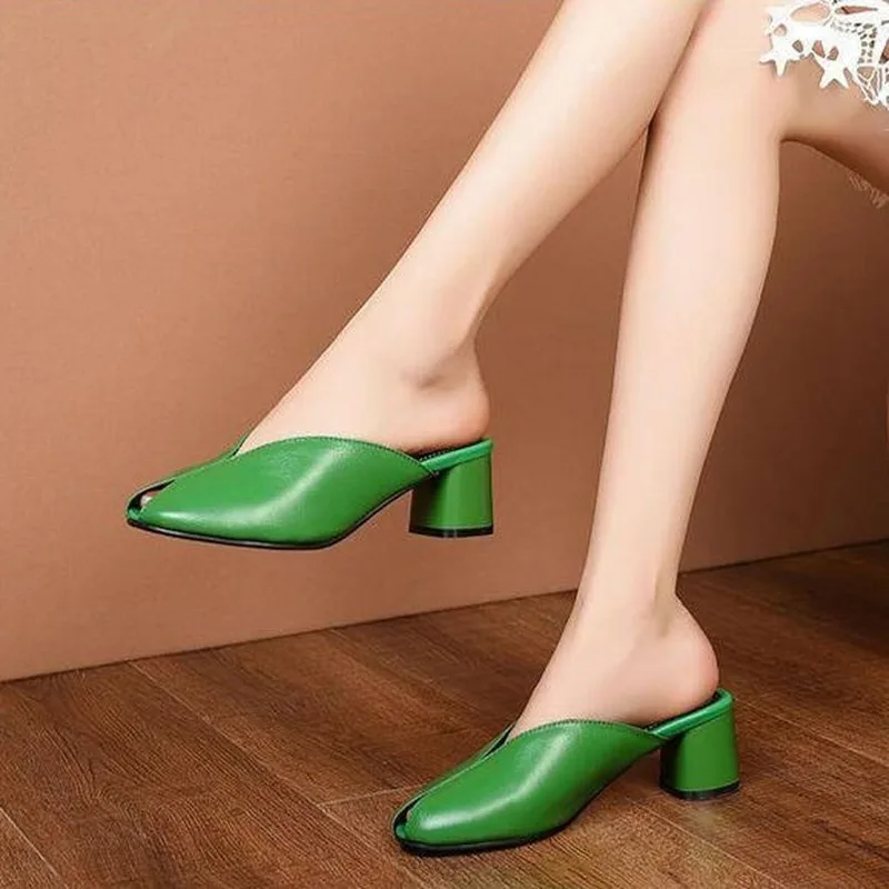 

New 2020 Green Slip-on Slippers High Heeled Womens Mules Pumps Peep Toe Square Heel Autumn Casual Sandals Slipper Lady