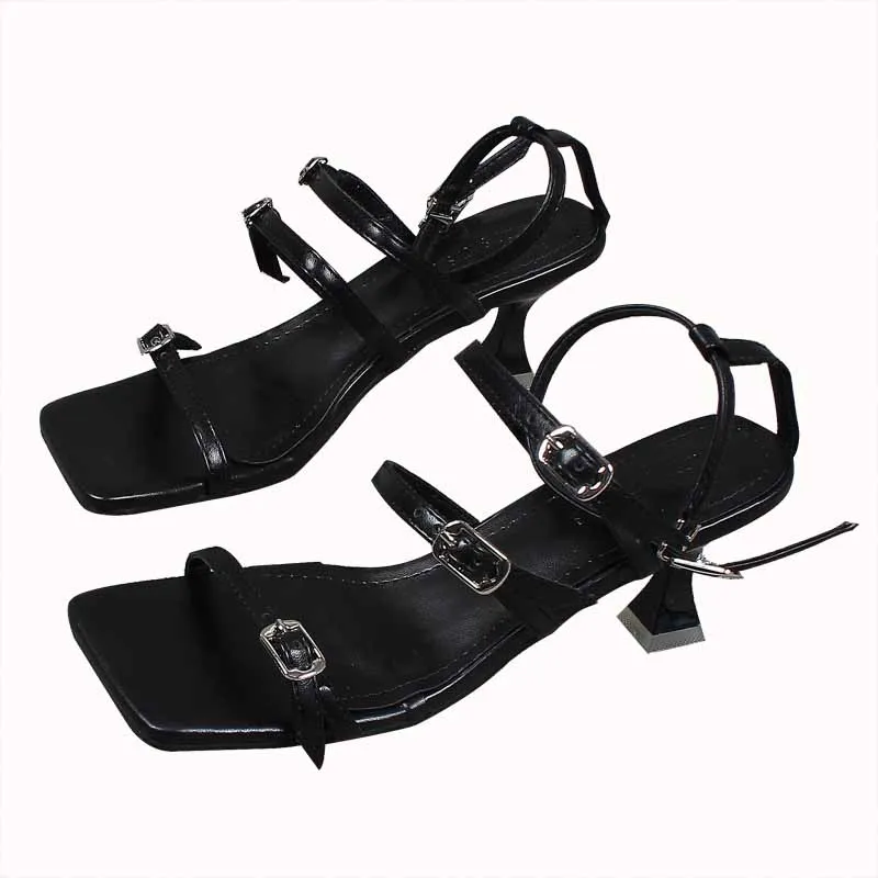 

Buckle High Heel Sandal for Women Suit Female Beige Summer Shoes Square Toe High-heeled Black Retro Stiletto Comfort Girls Open