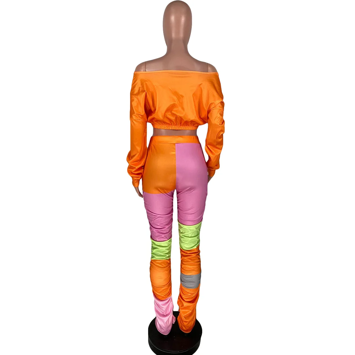 

HAOOHU Sexy Patchwork Two Piece Set Jumpsuit Off Shoulder Batwing Sleeve Crop Top+Lace Up Pants Tracksuit Fall Matching Sets