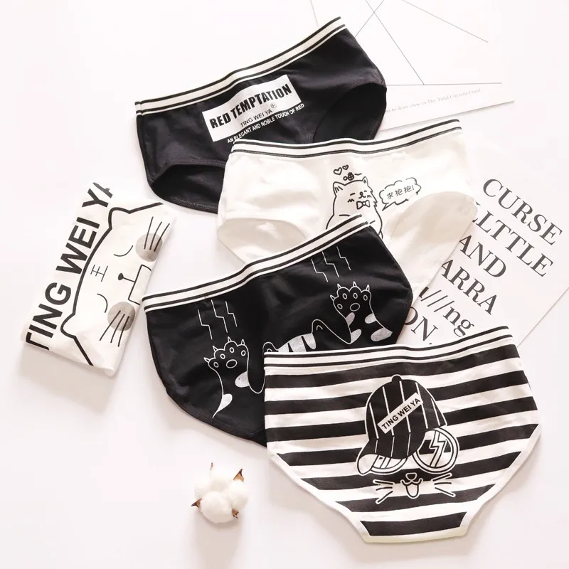 

Women's Sexy Cute Cartoon Underwear Pure Cotton Simple Black and White Fashion Ladies Briefs Breathable Underwear Underwear