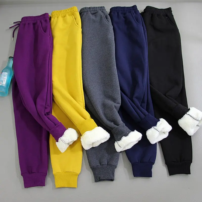 Осенне зимние свободные хлопковые женские брюки шерстяные флисовые утепленные