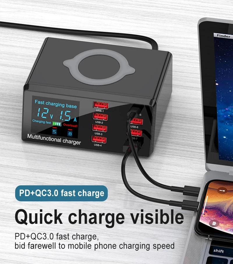

Беспроводное зарядное устройство ASOMETECH Quick Charge 3.0 с поддержкой быстрой зарядки + 8 портов USB максимальной мощностью 100 Вт, с дисплеем, вилка EU/US/...