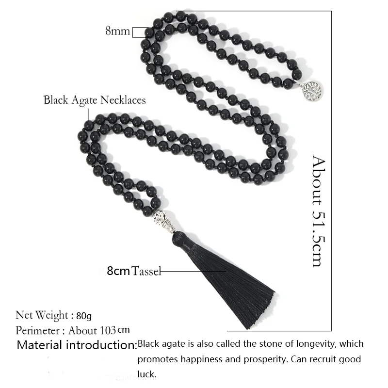 Ожерелье из 108 бусин мала черный оникс четки 8 мм ожерелье с кисточкой ювелирные