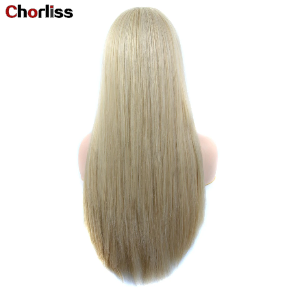

Long Blonde Silky Straight Synthetic Wig With Bangs Chorliss Middle Part High Temperature Fiber Hair Fashion Daily Wig 26 Inches
