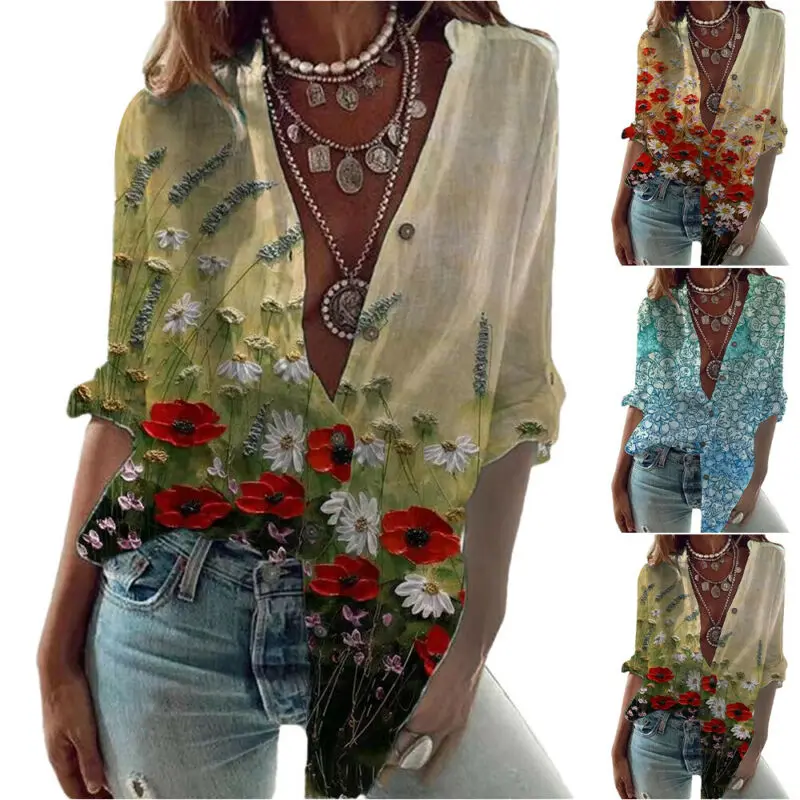 

3D Floral Print Blouse Women Top Roll Tab Sleeve Button Shirts Women Clothing Summer Casual Loose Blouse Tops