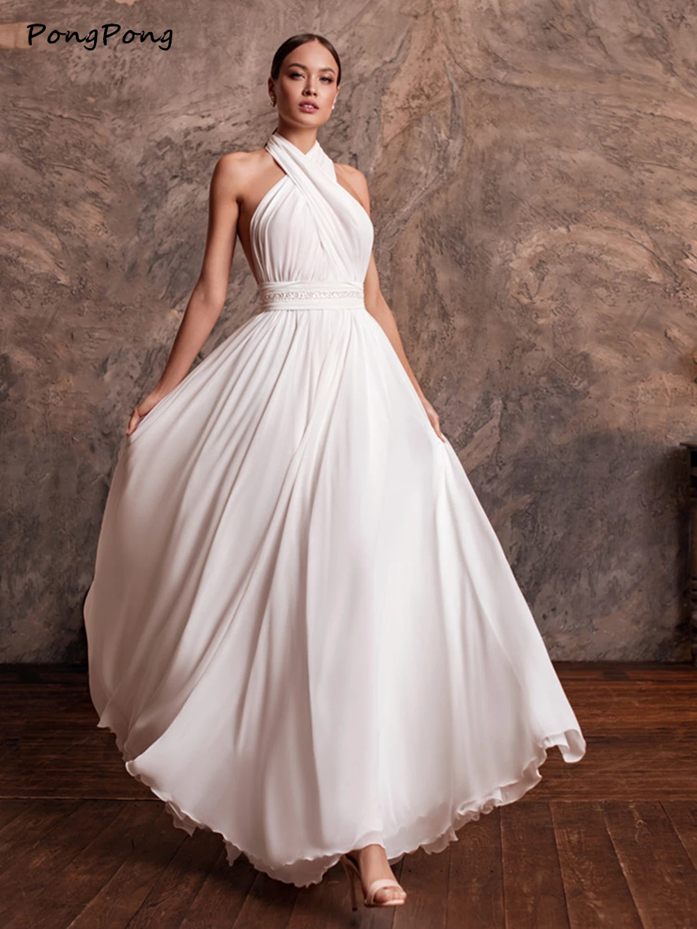 

Halter Wedding Dress 2021 Sleeveless A-Line For Female Bridal Gowns Floor-Length Custom Made Chiffon Свадебное платье Ribbons