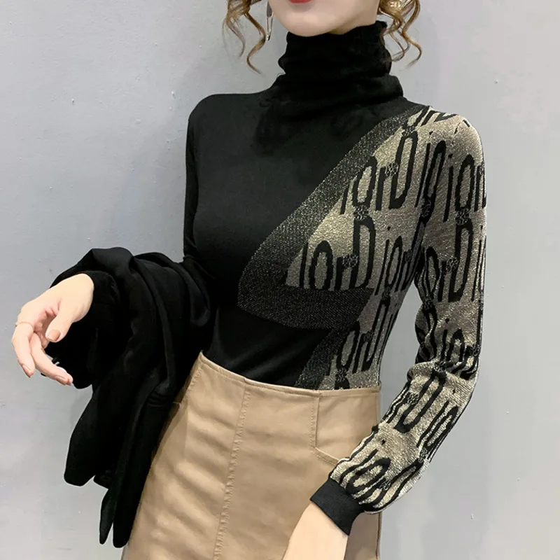 

2021 High Collar Neck Jacquard Bright Silk Autumn Winter Women's Clothing Fashion Knitting Sweaters Long Sleeve Slim Inside Top