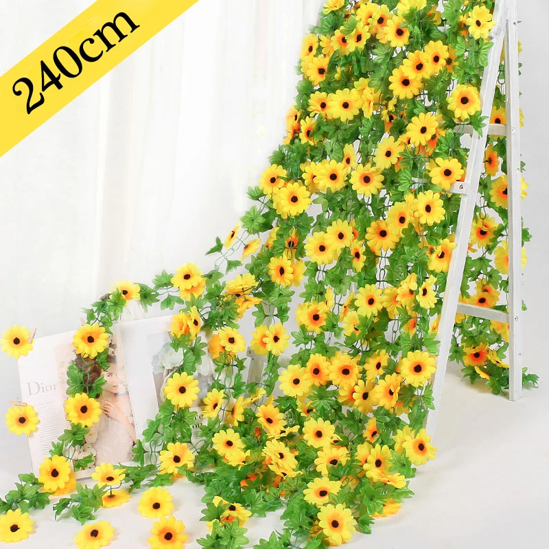 

240cm Artificial Flowers Fake Silk Sunflower Ivy Vine with Green Leaves Hanging Garland Home Garden Fences Party Decorations