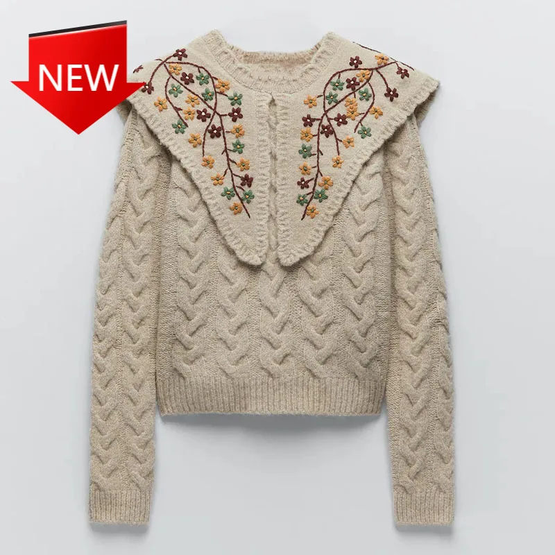 

Свитер 2021, винтажный цветочный пуловер с длинным рукавом, вязаный Топ, женские зимние свитера с вышивкой, Женский вязаный свитер с аппликаци...