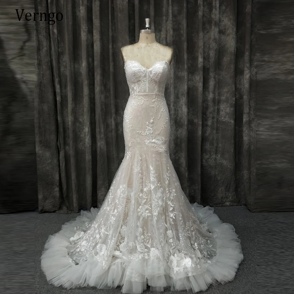 

Verngo 2021 Delicate Lace Floral Mermaid Wedding Dress 100% Real Sample Bridal Gowns Nude Lining Custom Made Vestido de noiva