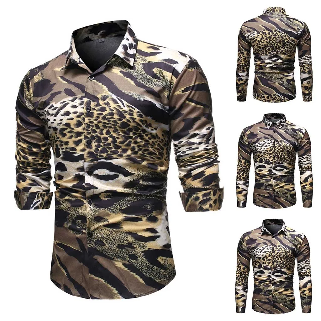 

Vogue Men's Fashion Leopard Print Slim Lapel Long Sleeve Shirt Nice Classic Style High Quality Winter Autumn Solid Color