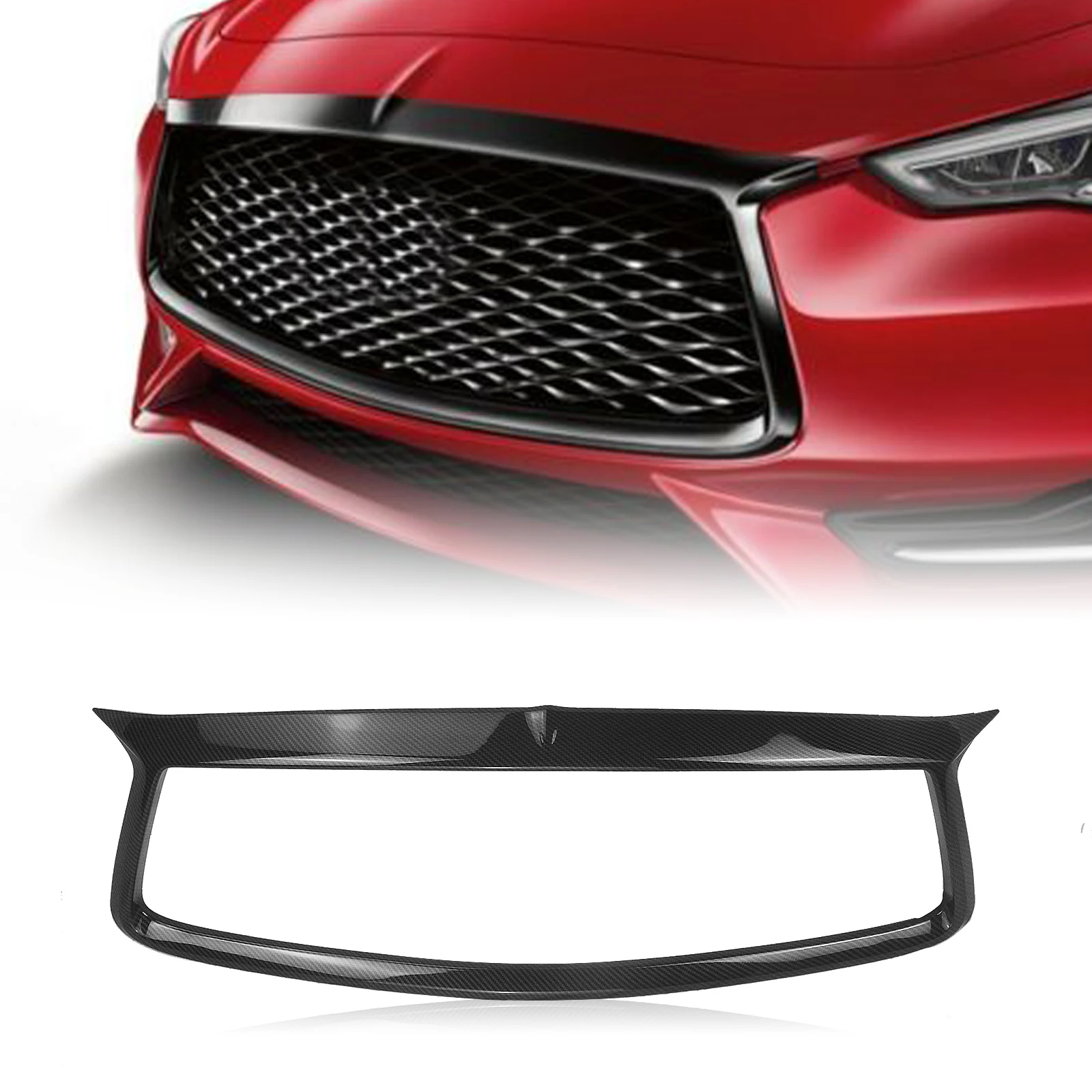 

For Infiniti Q60 Coupe 2017-2021 Front Grille Grill Cover Overlay Trim Carbon Fiber Look Bumper Hood Mesh Frame Bezel Rim Strip