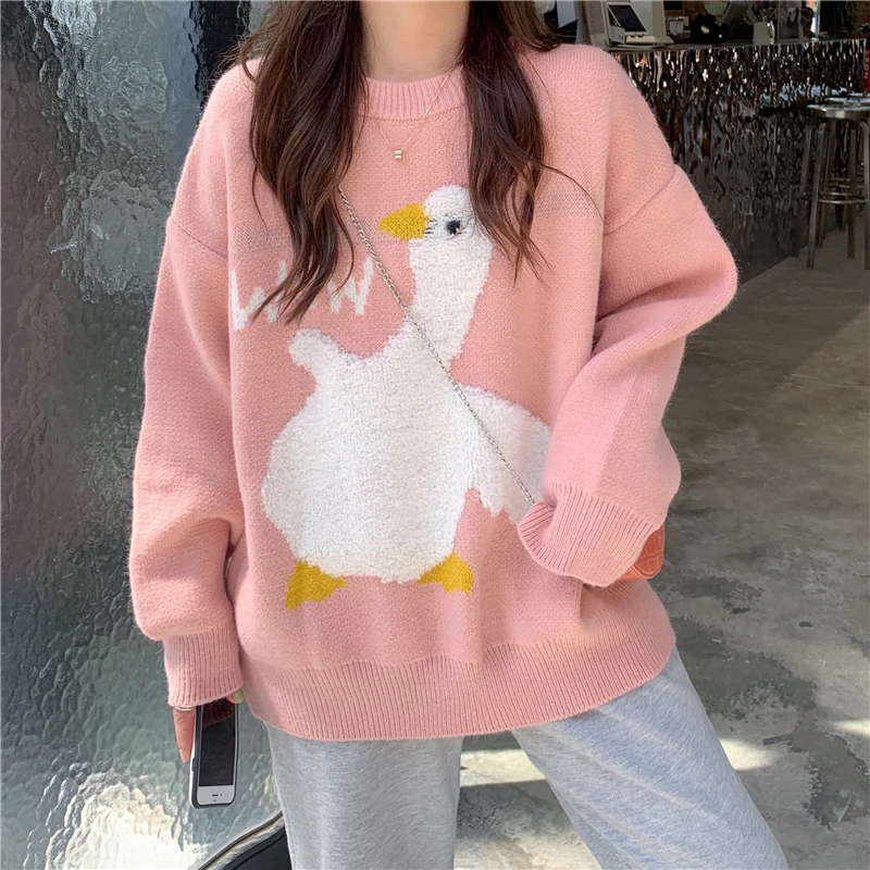 

Wow White Duck Knitted Sweater Sweet Girls Casual O-Neck Pullovers Preppy Style Loose Cartoon Jumpers Autumn Winter Warm Tops