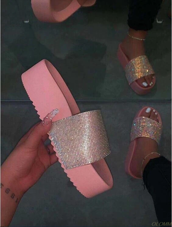 

2020 Hot women waterproof platform thick bottom rhinestone slippers candy-colored beach sandals outdoor wild fashion ladies