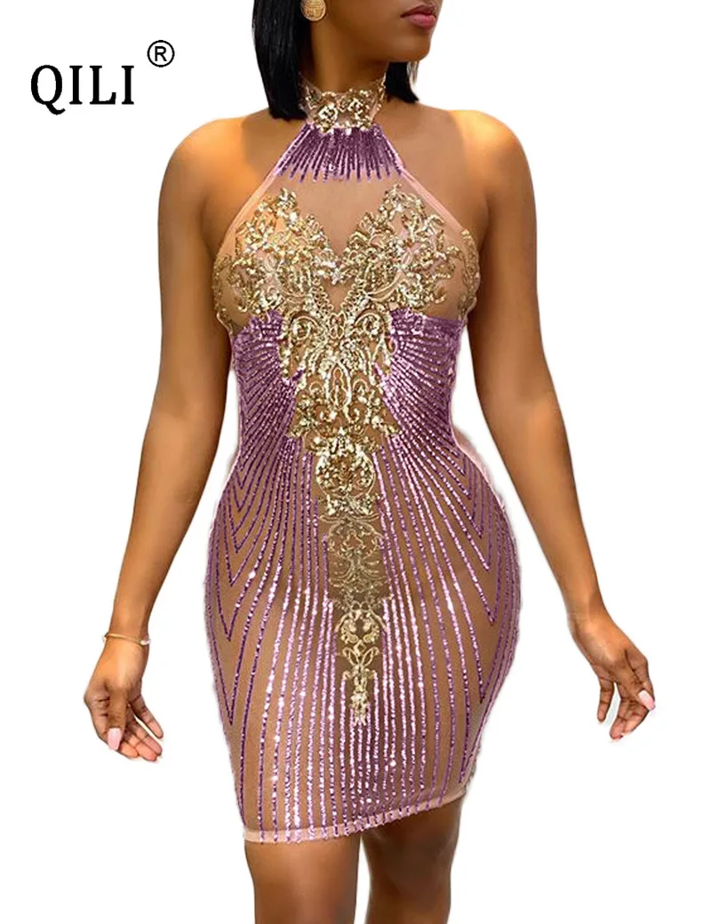 

QILI Sexy Halter Backless Sleeveless Dress Elegant Sequined Party Club Dresses Rear Zipper Pleated Mini Dress