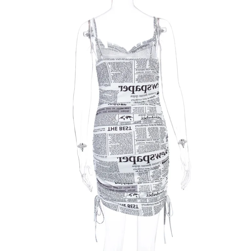 Женское облегающее мини-платье с принтом газет Y2k на шнуровке без рукавов