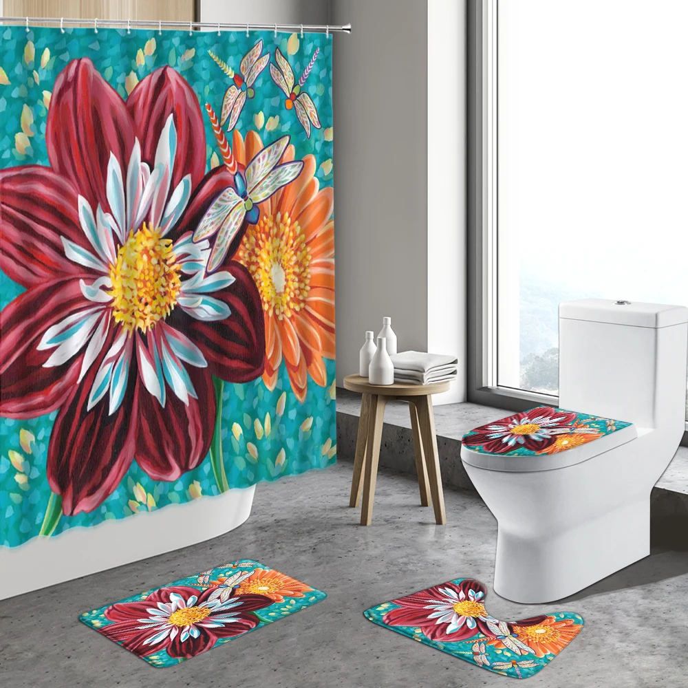 

Color Flower Shower Curtain Spring Floral Watercolor Dandelion Bathroom Furniture Sets Non-slip Carpet Toilet Lid Bath Mats Rugs