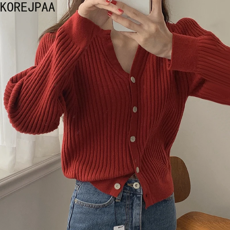 

Korejpaa Vintage Red Cardigans Women Korea Retro V-neck Casual Long Sleeve Knitted Warm Sweater Outwear Single Breasted Femme