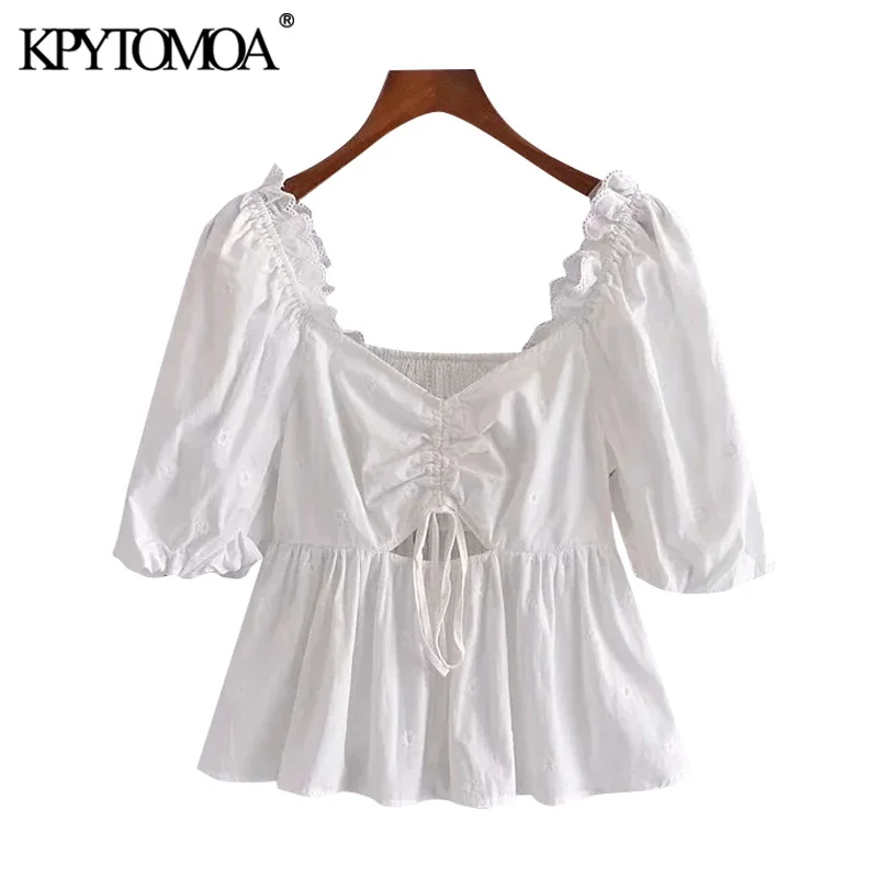 

KPYTOMOA Women 2021 Fashion Drawstring Hollow Out Cropped Blouses Vintage Lantern Sleeve Back Elastic Female Shirts Chic Tops