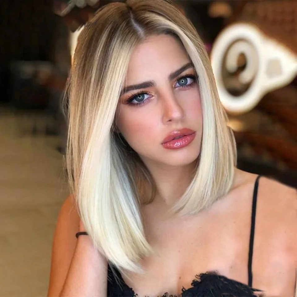 

Short Bob Remy Ombre Blonde Straight Transparent Brazilian Human Hair 13x4Lace Front Wig For Black Women Babyhair Preplucked 613