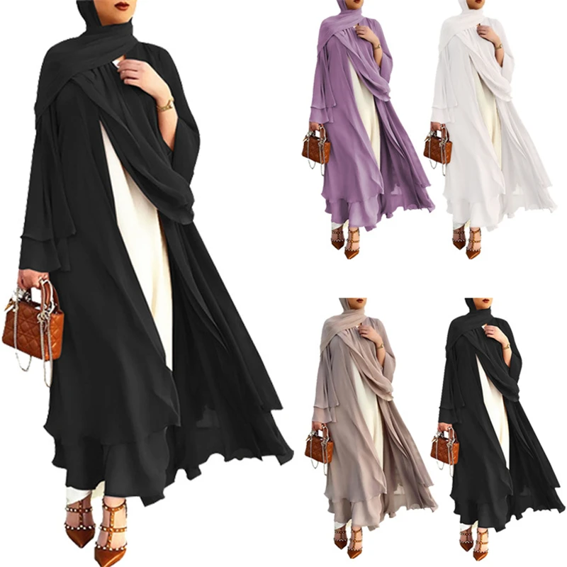 

Muslim Fashion 4 Colour Chiffon Cardigan Dress Hijab Set High Quality Traditional Casual Streetwear Turkish Dubai Women Clothing