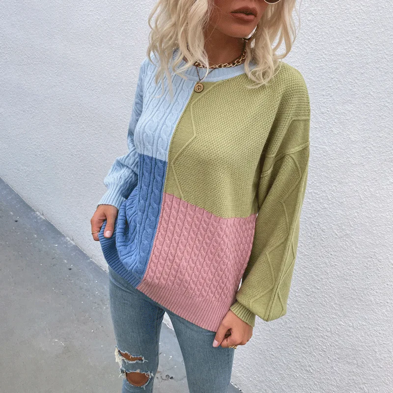 

ZJZLL Fashion Square Stitching Contrast Color Sweater for Women Autumn and Winter New Twist Lantern Sleeve Knitted Pullover Top