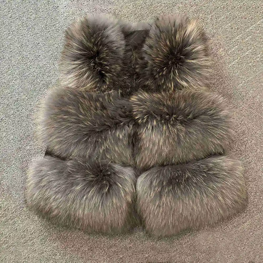 Grey JKKFURS Модный стильный женский жилет из натурального меха енота Зимний толстый теплый модный жилет 3 ряда S1150B - Цвет: Grey