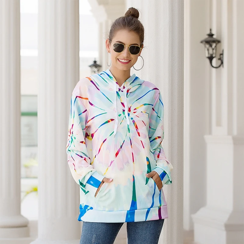

Women Spring Autumn Long Sleeves Loose Hooded Sweatshirt Printing Dyeing Drawstring Hoodie Casual Pullover Tops with Side Pocket