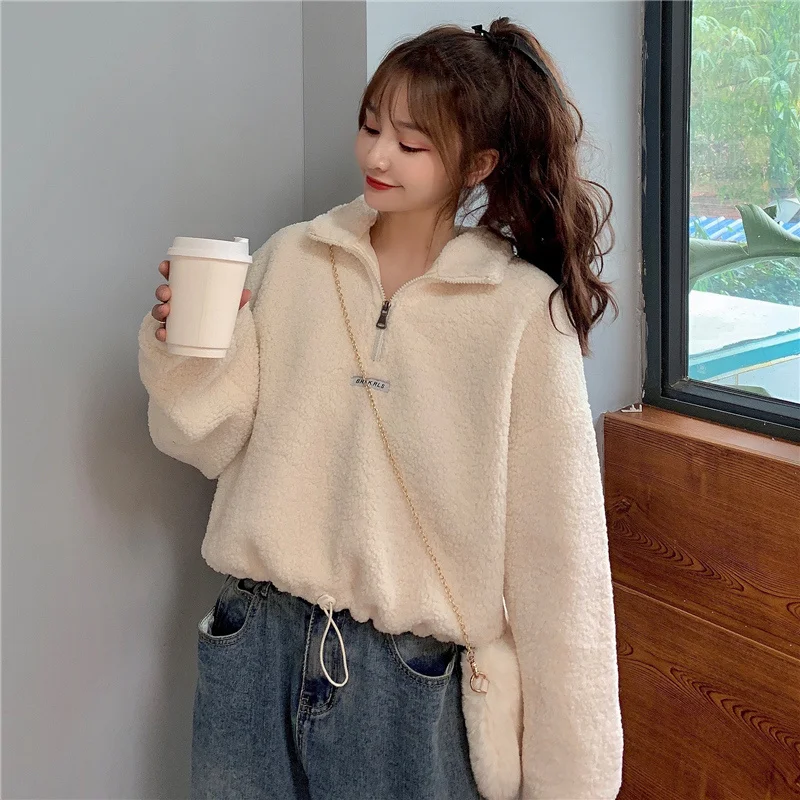 Lamb Wool Short Sweater for Women Winter Loose Korean Style Idle BF Fleece-Lined Thickened Chic Hong Kong Jum | Женская одежда