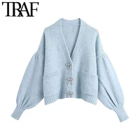 traf women fashion rhinestone buttons loose knitted cardigan sweater vintage long sleeve pockets female outerwear chic tops